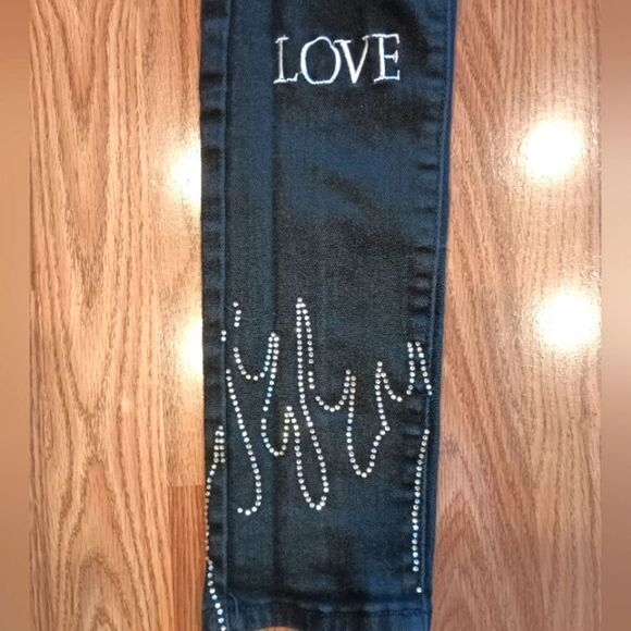 RUE 21 Love Hate Supreme Flex Rhinestone Deconstructed Black Skinny Jeans 26/30 - Picture 4 of 7